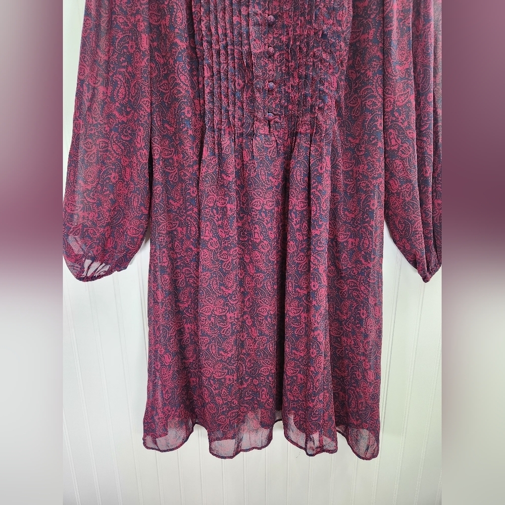 MSK Long Sleeve Paisley Dress - Red and Blue Pleated Neckline Size 16 NWT - Picture 5 of 11